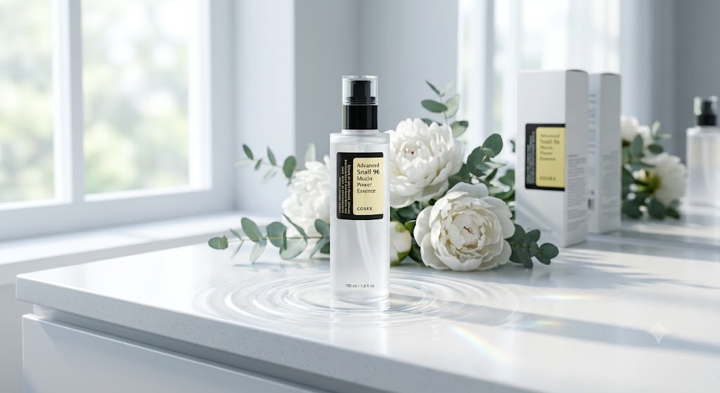 A product close-up shot of COSRX Advanced Snail 96 Mucin Power Essence gel texture being dispensed onto a clean surface