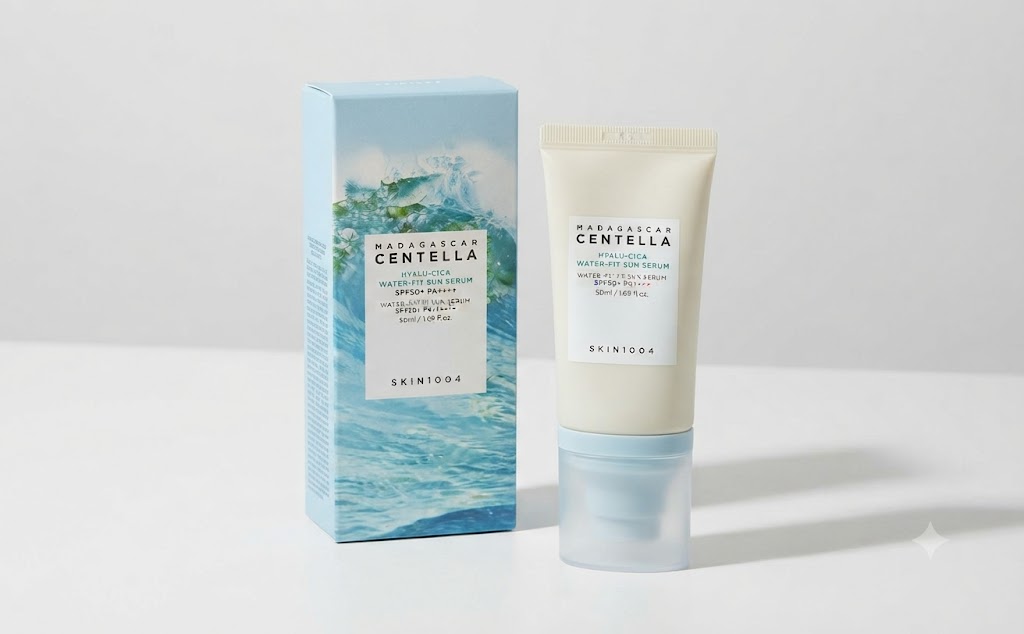 SKIN1004 Madagascar Centella Hyalu-Cica Water-Fit Sun Serum and packaging box side-by-side