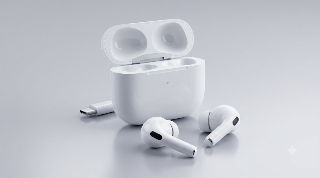 Apple AirPods 4 wireless earbuds and their open charging case displayed on a white surface
