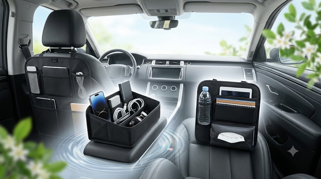 Car seat organizer set including backrest hanging bags and center console storage box storing smart devices, water bottle, and tissues
