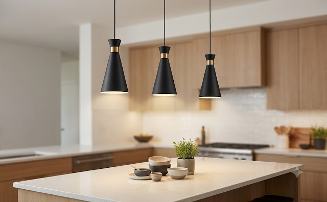 Modern black pendant lights installed over a kitchen island for home decor