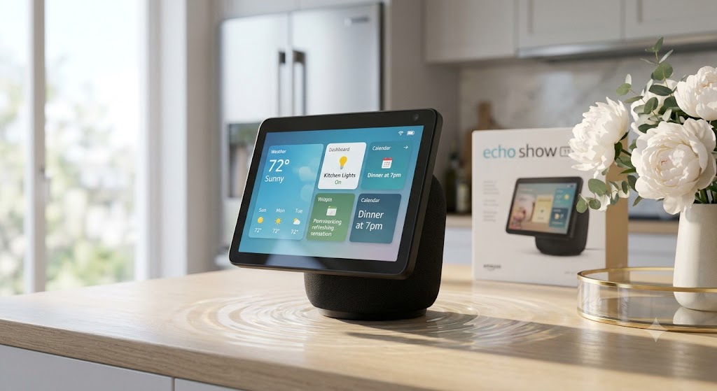 Amazon Echo Show 11 smart display in charcoal black, featuring an 11-inch touchscreen and spherical speaker base on a clean surface