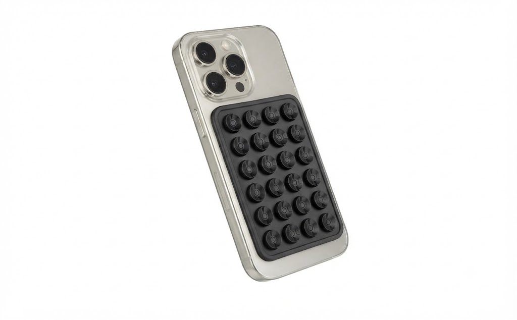 StickyGrippy Suction Phone Case Mount attached to the back of a smartphone