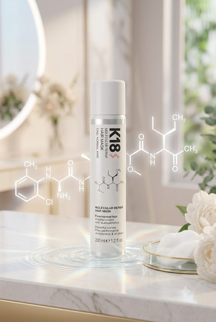 K18 Leave-In Molecular Repair Hair Mask bottle on a clean white