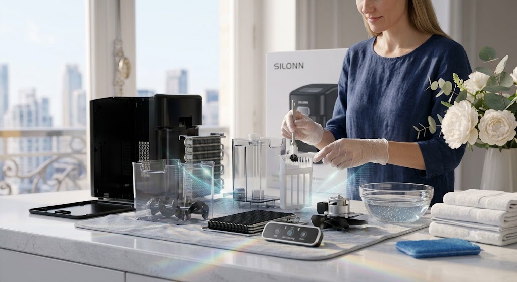 Silonn Nugget Ice Maker Review: 5 Things to Know About Pellet Ice 4 Silonn nugget ice maker accessories and self-cleaning feature overview