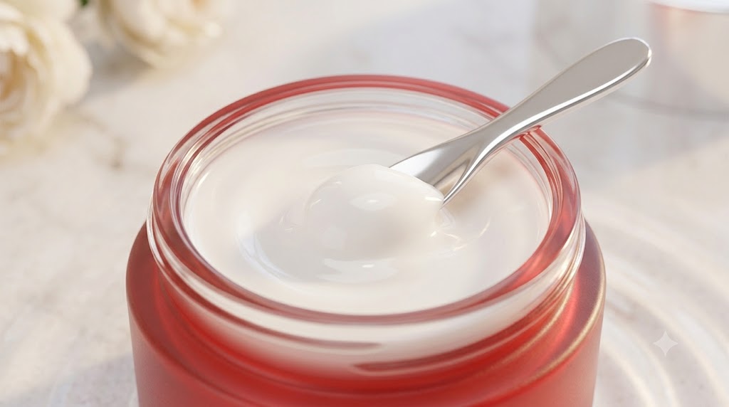 Close-up view of a light, whipped cream lotion texture, showing its smooth and absorbent consistency.