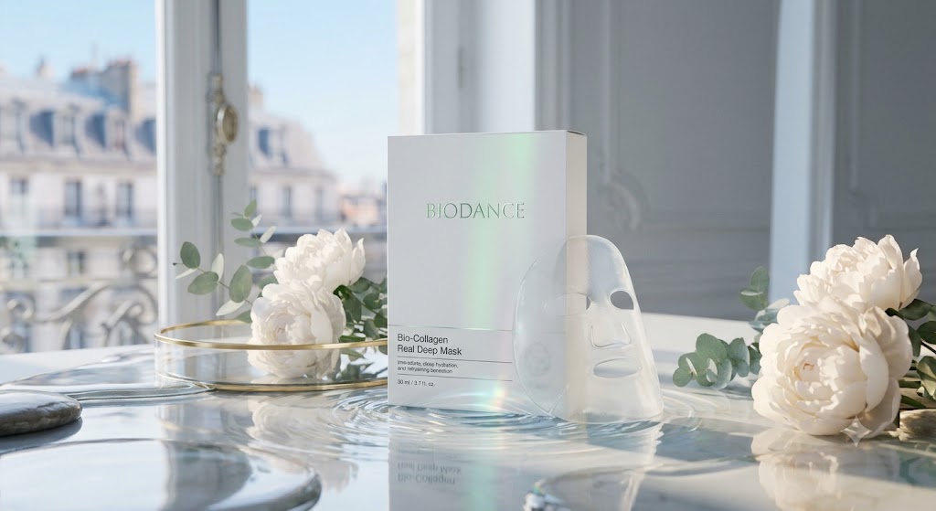 BIODANCE Bio-Collagen Real Deep Mask product packaging and hydrogel sheet