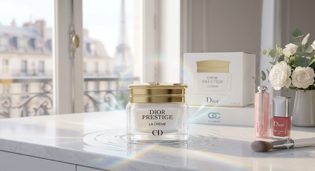 Dior Beauty cosmetics product flat lay on a clean white marble background showcasing a luxury makeup compact