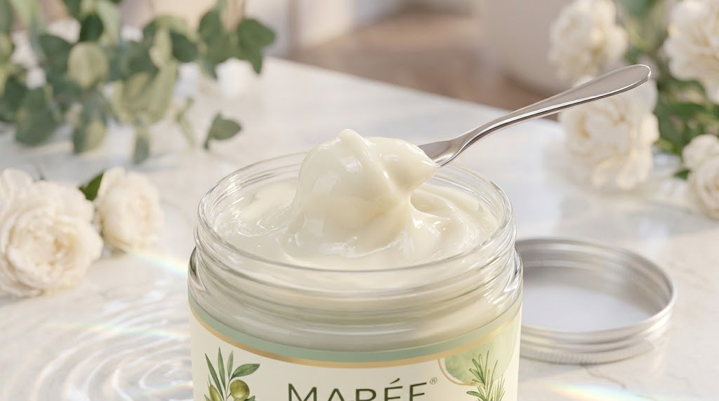 MAREE Deep Conditioning Hair Mask jar surrounded by natural coconut ingredients and tropical palm leaves