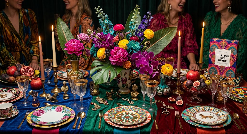 A vibrant maximalist dinner party tablescape featuring layered patterns, colorful glassware, and floral arrangements