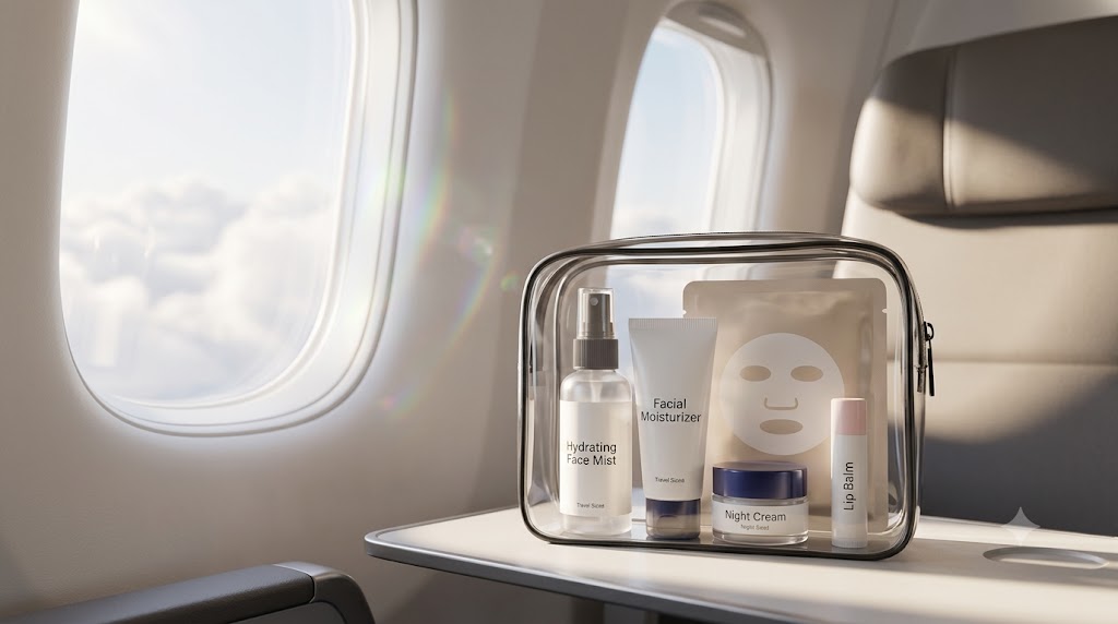 A curated collection of travel-sized skincare products, a passport, and a small pouch arranged neatly on an airplane tray table