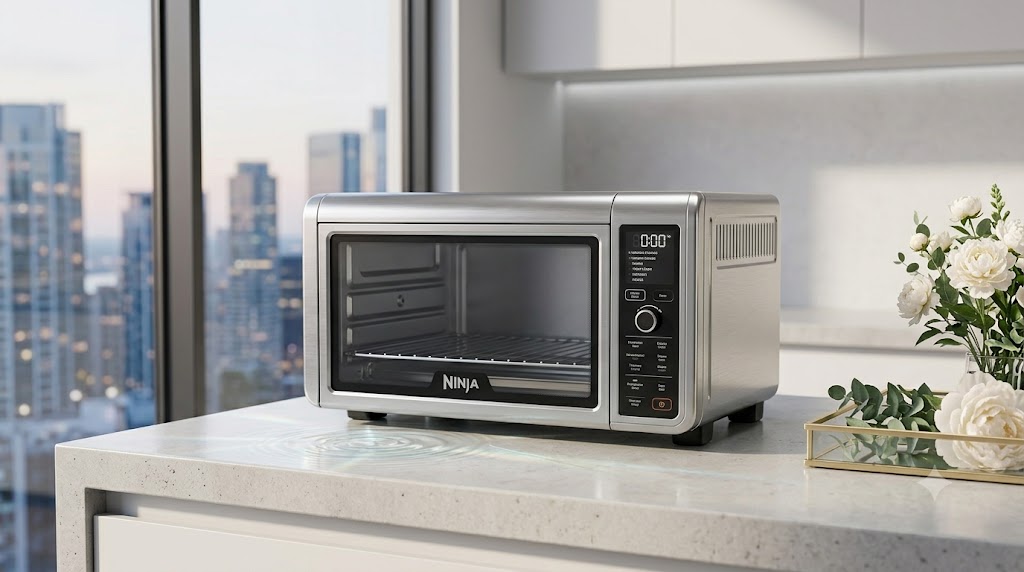 Sleek stainless steel Ninja Air Fryer Toaster Oven sitting on a kitchen countertop with its digital control panel illuminated