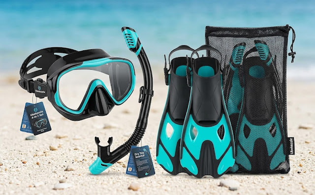 Ubekezele 4-in-1 snorkel set with panoramic view mask and dry top snorkel