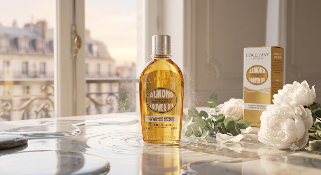 L'OCCITANE Almond Shower Oil bottle and packaging displayed on a clean surface