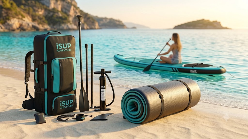 Inflatable stand up paddle board set in pink and teal with tribal pattern, presented alongside backpack, paddle, pump, fins, and waterproof phone case