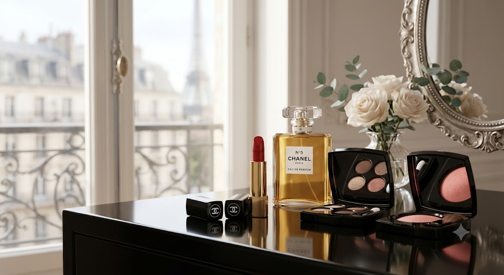 A collection of Chanel Beauty skincare and makeup products elegantly arranged on a marble surface