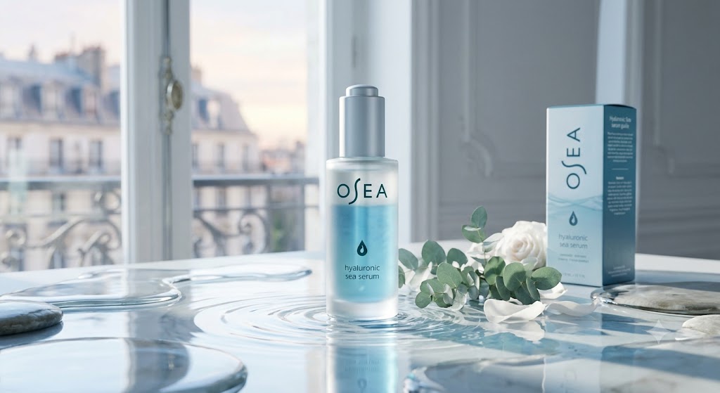 OSEA Hyaluronic Sea Serum bottle and packaging displayed on a clean surface