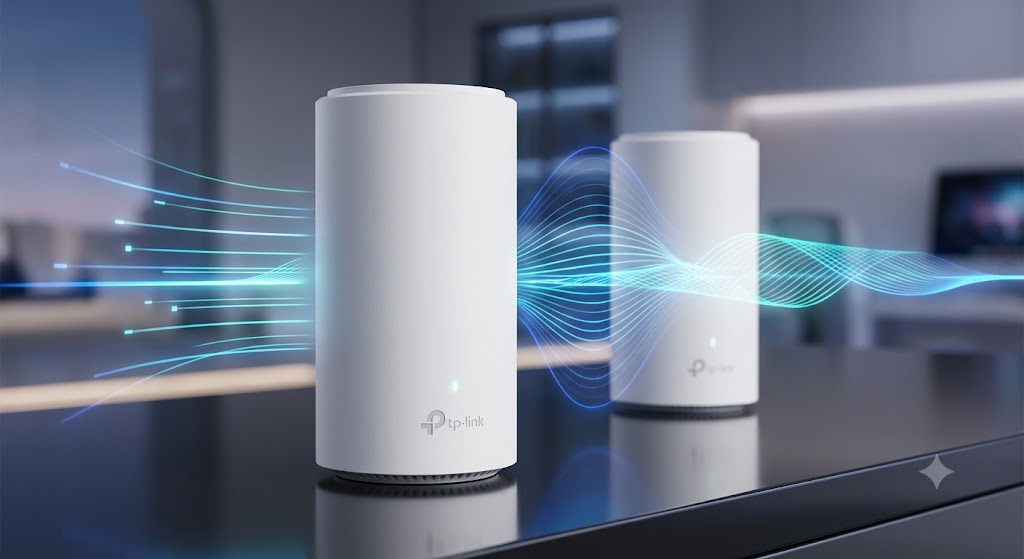 Three white TP-Link Deco 7 BE25 WiFi 7 Mesh System router units arranged together for home network setup and technology product review