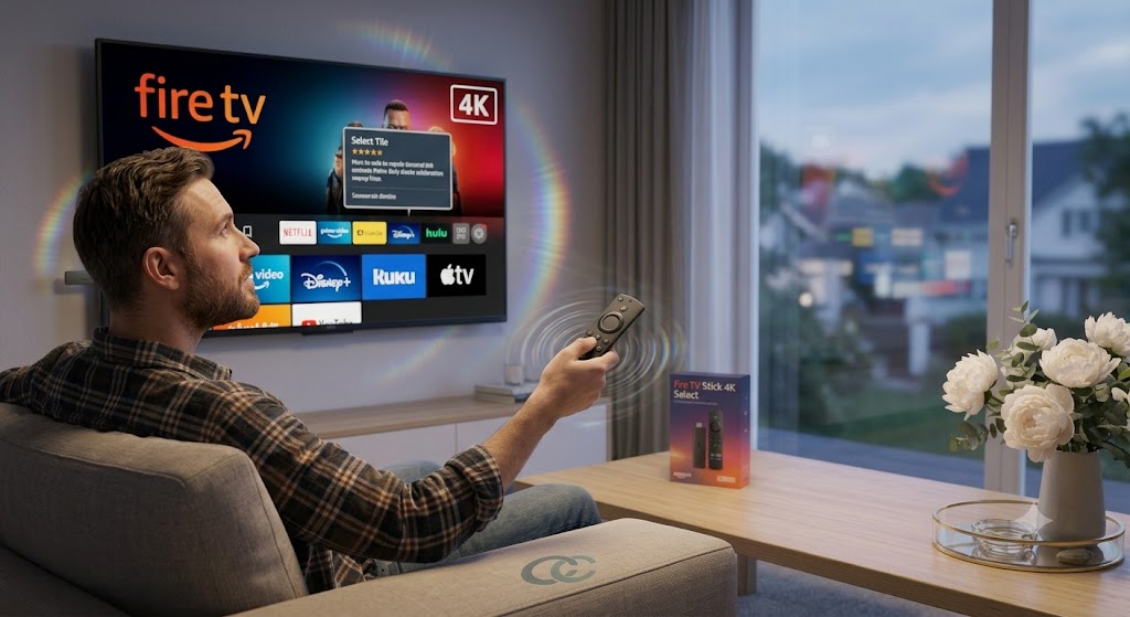 Amazon Fire TV Stick 4K Select plugged into the back of a flat-screen television with an Alexa voice remote on the TV stand, Amazon Fire TV Stick 4K Select streaming device, smart TV entertainment hub