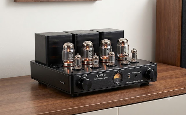 R8 KT88 vacuum tube integrated amplifier with glowing glass tubes sitting on a modern wooden desk.