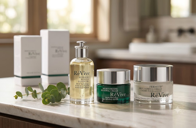 RéVive Moisturizing Renewal Cream luxury green glass jar on a clean bathroom counter next to white product packaging and green leaves.