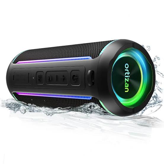 Ortizan Portable Bluetooth Speaker (1st Generation) in matte-black design with active dynamic RGB LED lights glowing.