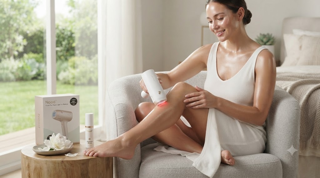 Say Goodbye to Salon Spends: Why the Nood™ Flasher Pro + Serum is the Ultimate At-Home Hair Removal Breakthrough 4 Woman using Nood Flasher Pro IPL Laser Hair Removal Device on her leg at home