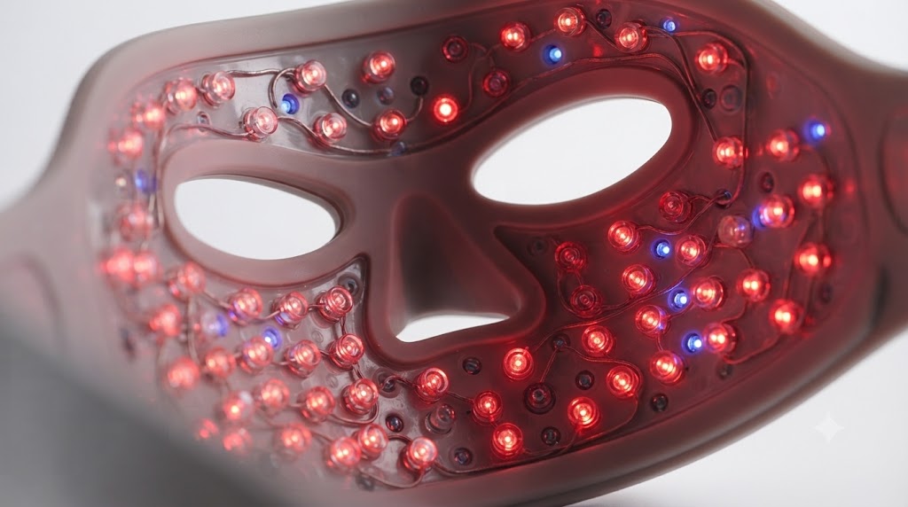A woman relaxing while wearing the iRestore LED Face Mask for skin rejuvenation