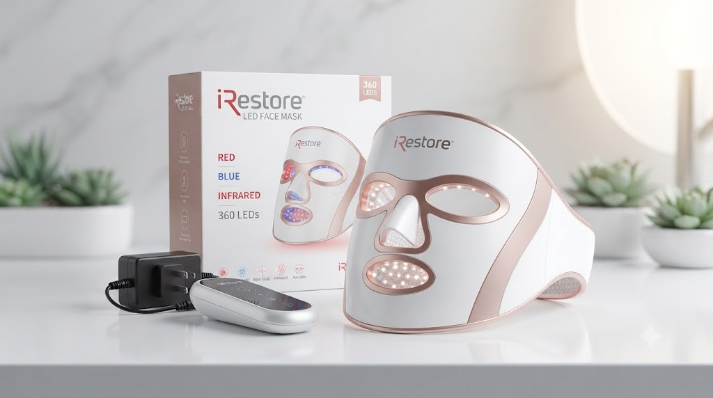 A woman relaxing while wearing the iRestore LED Face Mask for skin rejuvenation