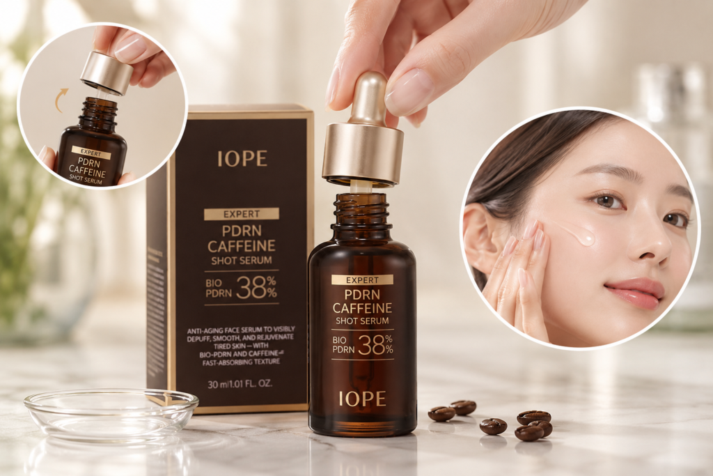 IOPE Expert PDRN Caffeine Shot Serum bottle and application setup with fresh coffee beans
