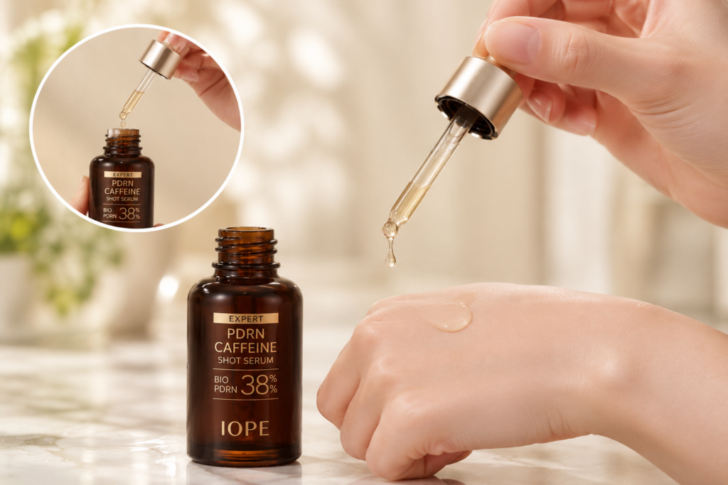 IOPE Expert PDRN Caffeine Shot Serum bottle with precision dropper and fresh serum droplet