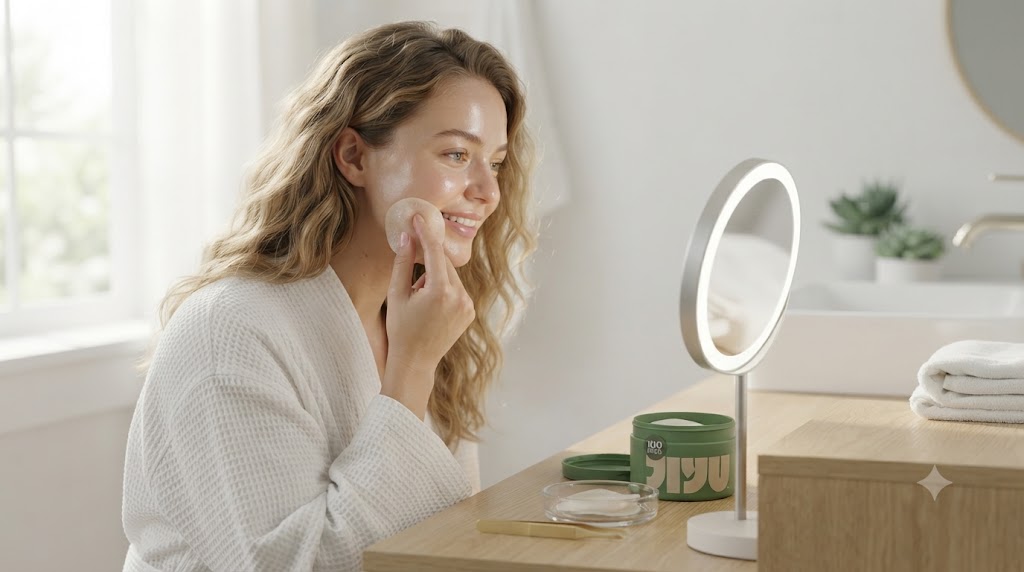 Transform Your Skin: Why JIYU Toner Pads Are Taking Over K-Beauty Routines 4 Woman applying JIYU toner pad for skincare routine