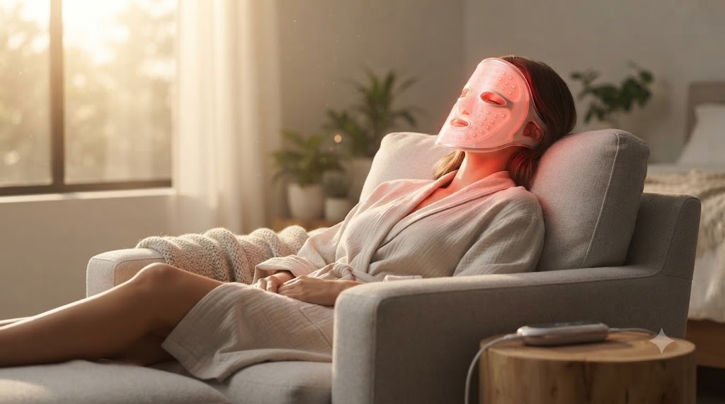 Woman relaxing on a couch while using a 4D LED Red Light Therapy Mask at home